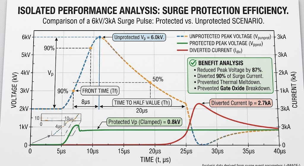 Analysis chart comparing an unprotected vs. protected 6kV/3kA surge pulse, showing the 8 microsecond front time, 20 microsecond time to half value, a 6.0kV unprotected peak voltage clamped down to 0.8kV, and 2.7kA of diverted current